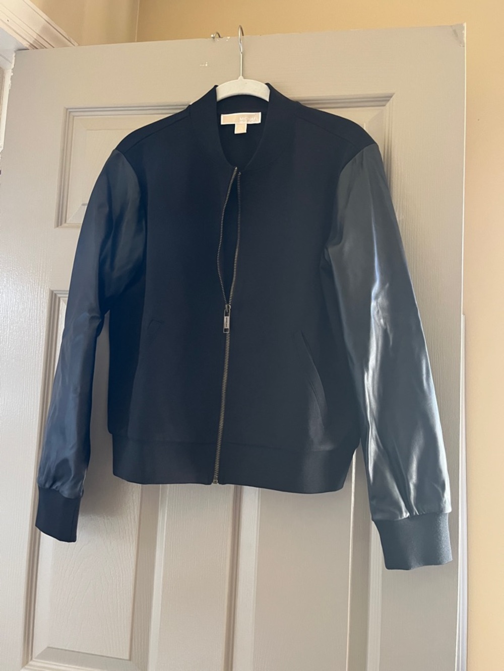Michael Kors Black Bomber Jacket with Leather Sleeves